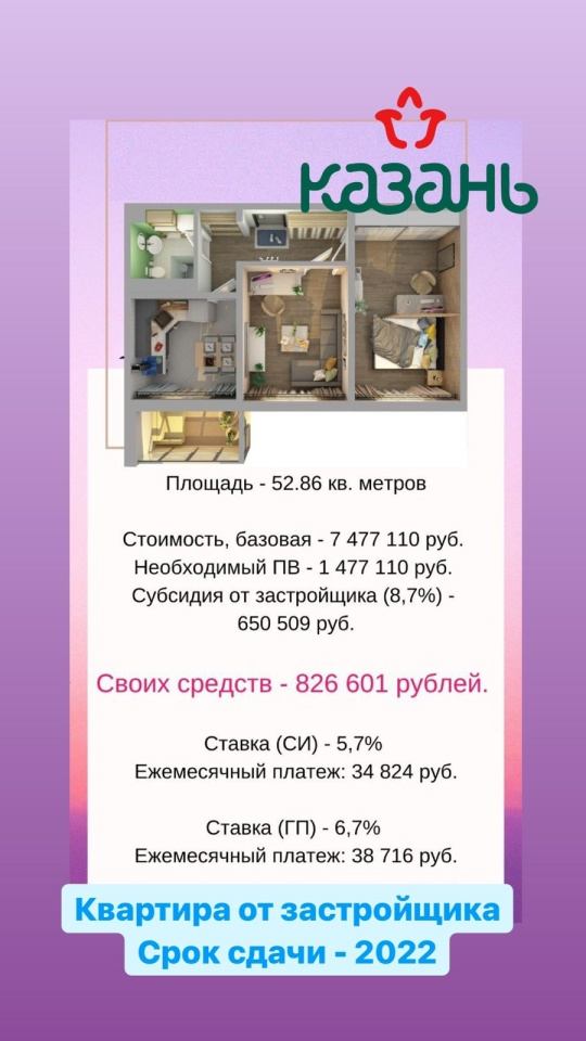 Большой выбор квартир в новых домах от Застройщиков в Казани.Субсидированные ставки, ипотеки.